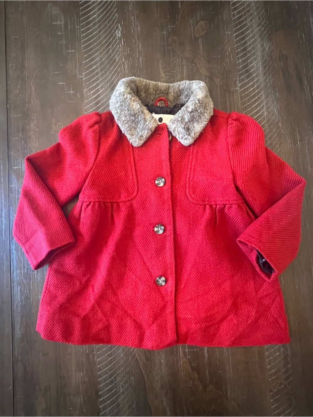Cherokee Girls 5T Red Textured Dress Coat Faux Fur Collar Polka Dot Lining